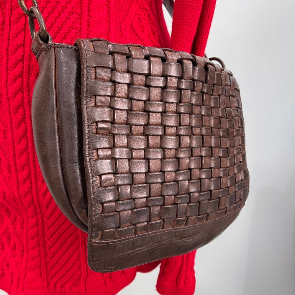 Brown Woven Leather Adjustable Strap Small Crossbody Purse Bag Distressed Travel - Picture 6 of 16